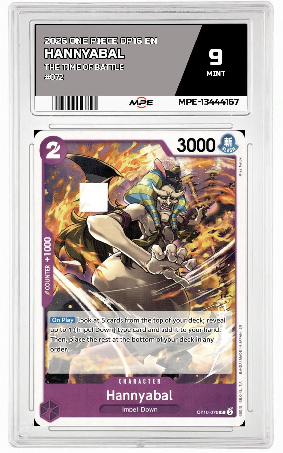 2026 ONE PIECE OP16 EN The Time of Battle #072 HANNYABAL MPE 9 MINT — graded card auctioned from the MPE vault