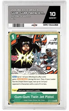 2026 ONE PIECE OP16 EN The Time of Battle #039 GUM-GUM TWIN JET PISTOL MPE 10 GEM/MT — graded card up for auction