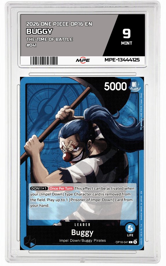 2026 ONE PIECE OP16 EN The Time of Battle #041 BUGGY MPE 9 MINT — graded card auctioned from the MPE vault