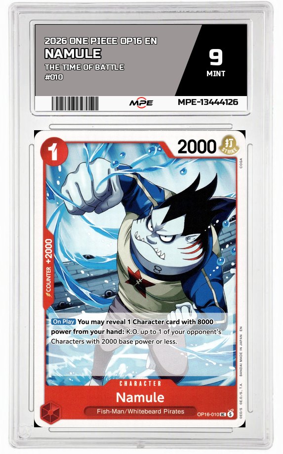 2026 ONE PIECE OP16 EN The Time of Battle #010 NAMULE MPE 9 MINT — graded card auctioned from the MPE vault