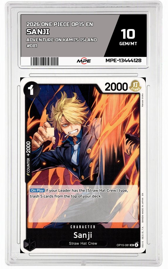 2026 ONE PIECE OP15 EN Adventure on Kami's Island #081 SANJI MPE 10 GEM/MT — graded card auctioned from the MPE vault
