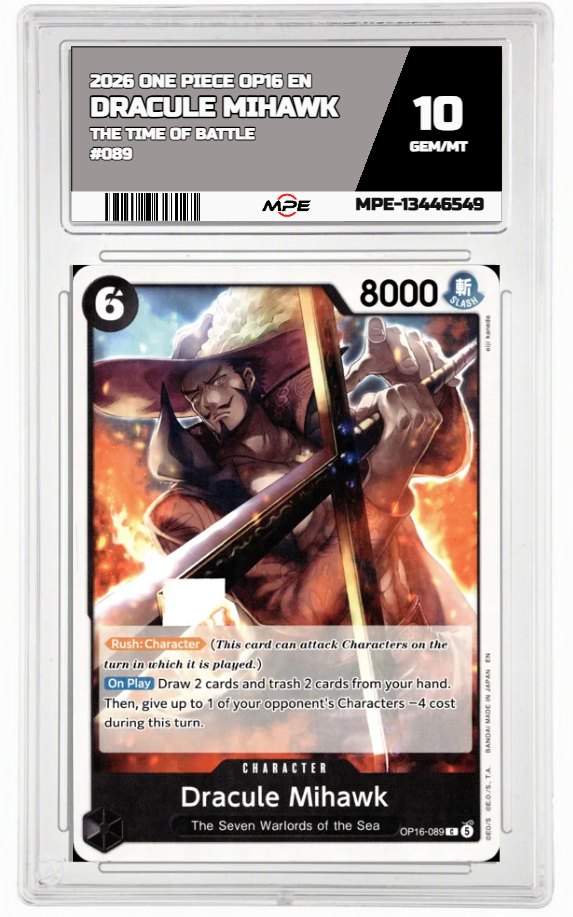 2026 ONE PIECE OP16 EN The Time of Battle #089 DRACULE MIHAWK MPE 10 GEM/MT — graded card auctioned from the MPE vault