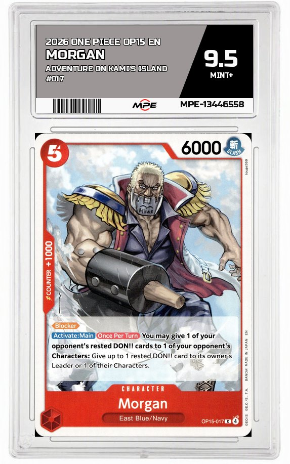 2026 ONE PIECE OP15 EN Adventure on Kami's Island #017 MORGAN MPE 9.5 MINT+ — graded card auctioned from the MPE vault