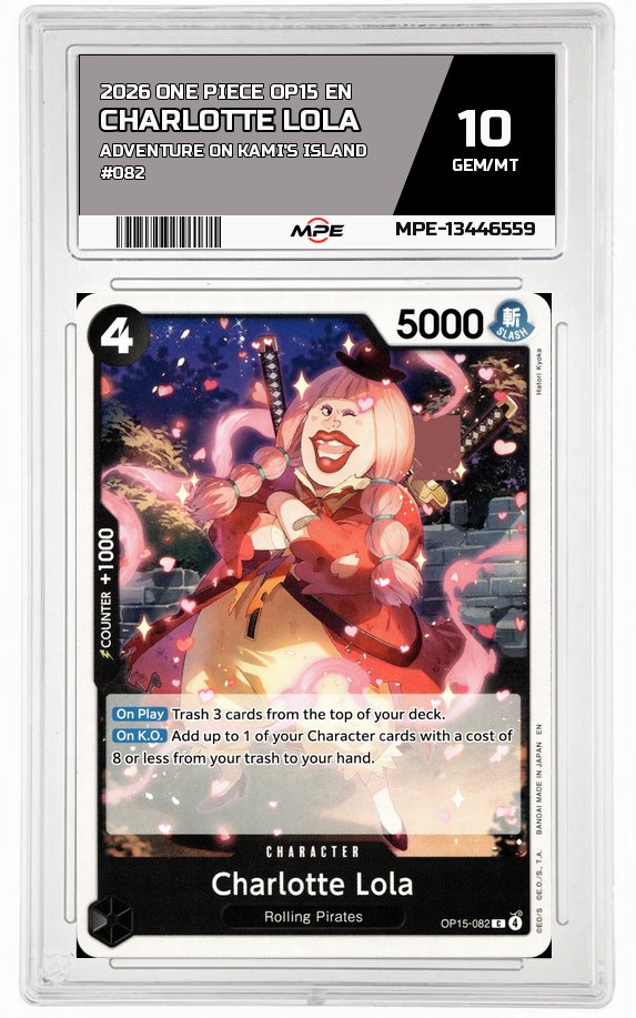 2026 ONE PIECE OP15 EN Adventure on Kami's Island #082 CHARLOTTE LOLA MPE 10 GEM/MT — graded card auctioned from the MPE vault