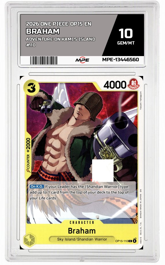 2026 ONE PIECE OP15 EN Adventure on Kami's Island #110 BRAHAM MPE 10 GEM/MT — graded card auctioned from the MPE vault