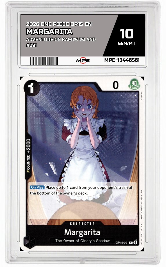 2026 ONE PIECE OP15 EN Adventure on Kami's Island #091 MARGARITA MPE 10 GEM/MT — graded card auctioned from the MPE vault