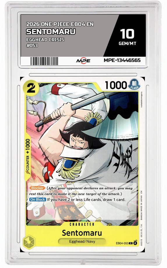 2026 ONE PIECE EB04 EN EGGHEAD CRISIS #053 SENTOMARU MPE 10 GEM/MT — graded card auctioned from the MPE vault