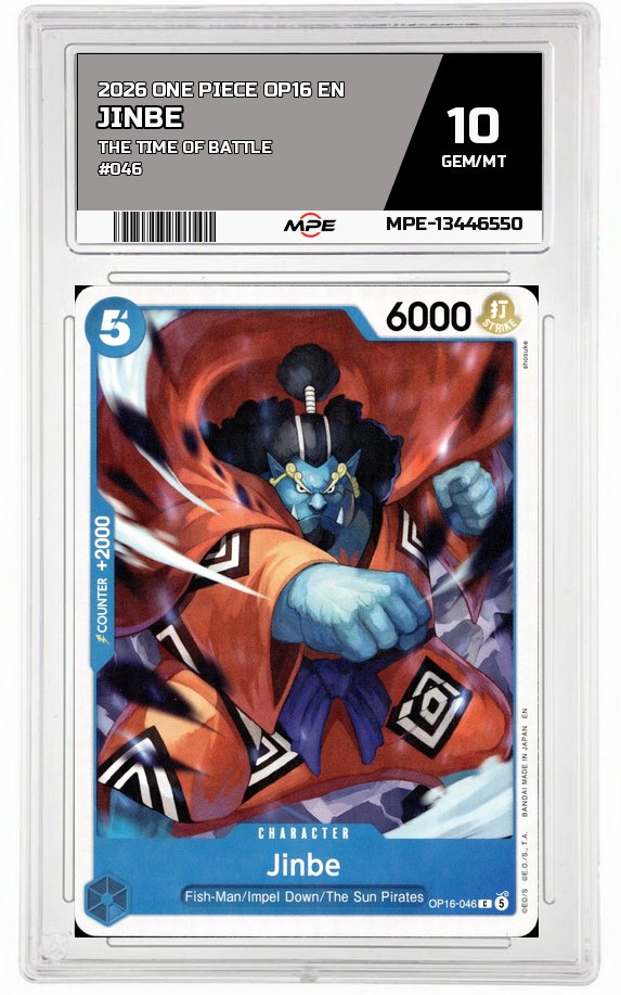 2026 ONE PIECE OP16 EN The Time of Battle #046 JINBE MPE 10 GEM/MT — graded card auctioned from the MPE vault