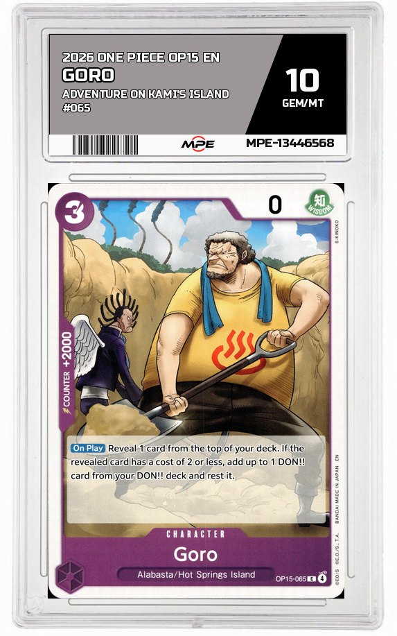 2026 ONE PIECE OP15 EN Adventure on Kami's Island #065 GORO MPE 10 GEM/MT — graded card auctioned from the MPE vault