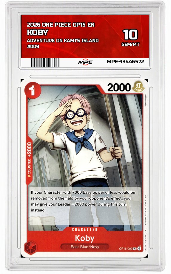 2026 ONE PIECE OP15 EN Adventure on Kami's Island #009 KOBY MPE 10 GEM/MT — graded card auctioned from the MPE vault