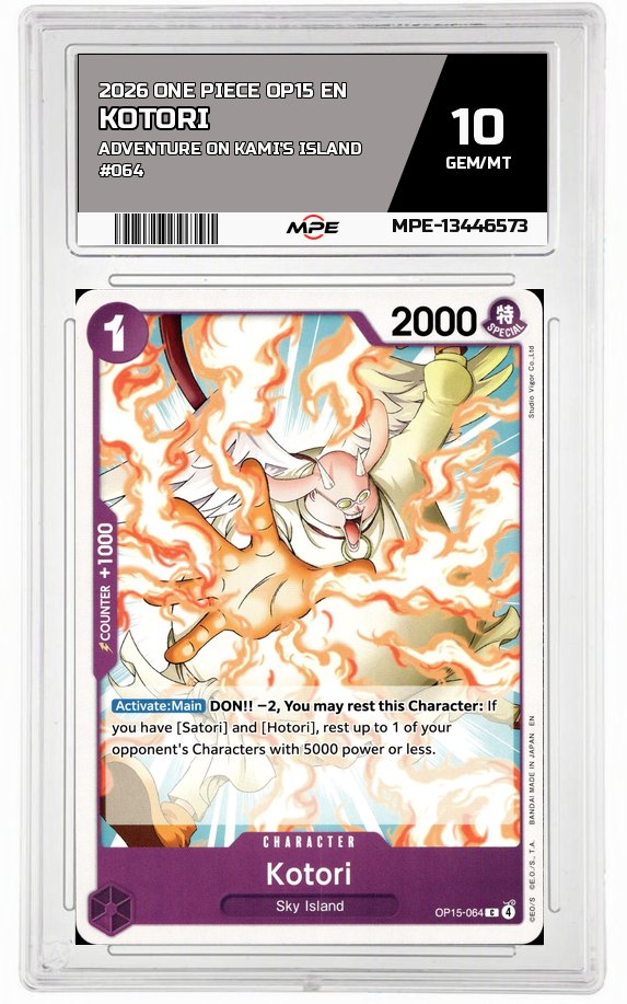 2026 ONE PIECE OP15 EN Adventure on Kami's Island #064 KOTORI MPE 10 GEM/MT — graded card auctioned from the MPE vault
