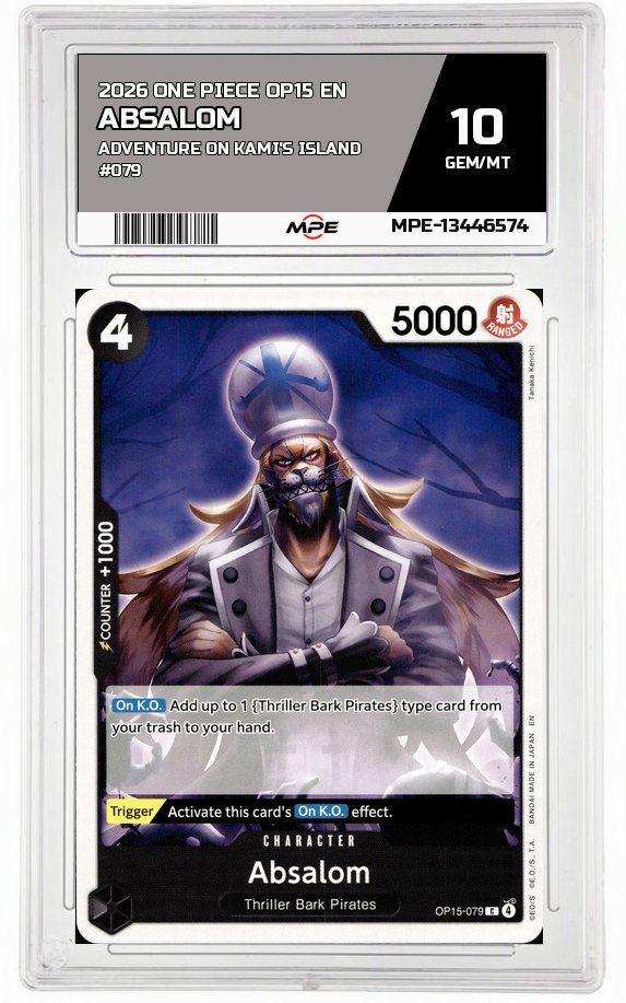 2026 ONE PIECE OP15 EN Adventure on Kami's Island #079 ABSALOM MPE 10 GEM/MT — graded card auctioned from the MPE vault