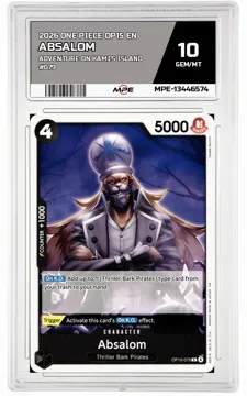 2026 ONE PIECE OP15 EN Adventure on Kami's Island #079 ABSALOM MPE 10 GEM/MT — graded card up for auction