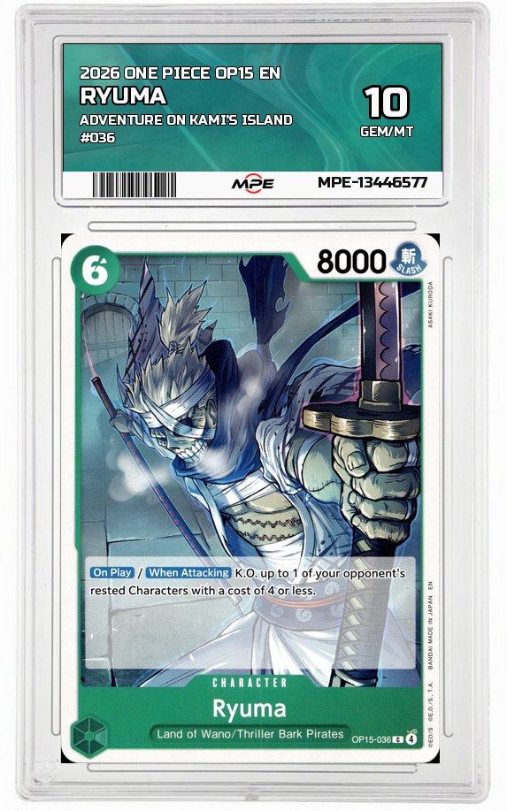 2026 ONE PIECE OP15 EN Adventure on Kami's Island #036 RYUMA MPE 10 GEM/MT — graded card auctioned from the MPE vault