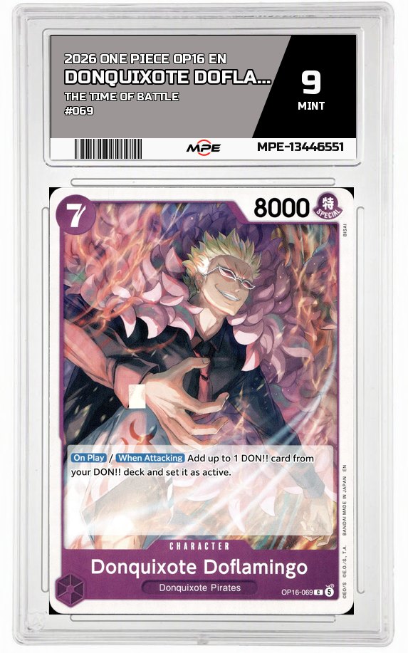 2026 ONE PIECE OP16 EN The Time of Battle #069 DONQUIXOTE DOFLAMINGO MPE 9 MINT — graded card auctioned from the MPE vault