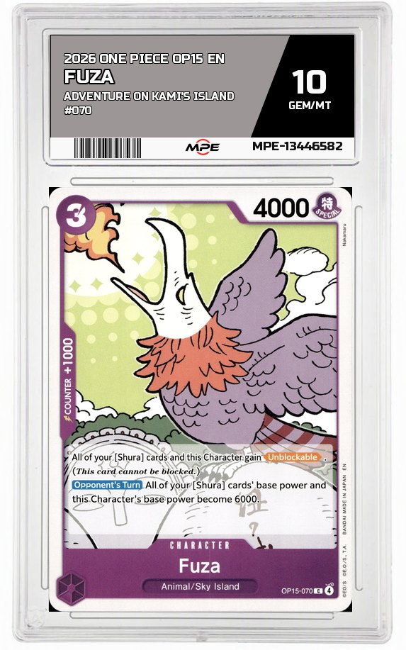 2026 ONE PIECE OP15 EN Adventure on Kami's Island #070 FUZA MPE 10 GEM/MT — graded card auctioned from the MPE vault