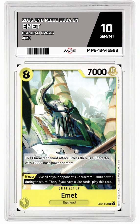 2026 ONE PIECE EB04 EN EGGHEAD CRISIS #051 EMET MPE 10 GEM/MT — graded card auctioned from the MPE vault