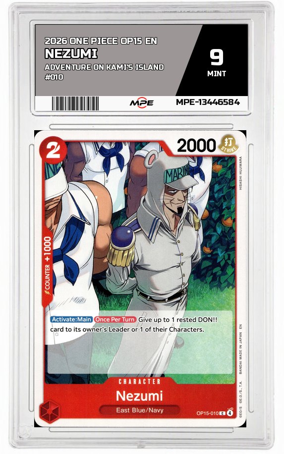 2026 ONE PIECE OP15 EN Adventure on Kami's Island #010 NEZUMI MPE 9 MINT — graded card auctioned from the MPE vault