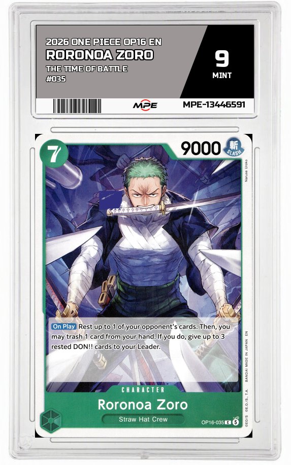 2026 ONE PIECE OP16 EN The Time of Battle #035 RORONOA ZORO MPE 9 MINT — graded card auctioned from the MPE vault