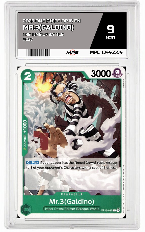 2026 ONE PIECE OP16 EN The Time of Battle #037 MR.3(GALDINO) MPE 9 MINT — graded card auctioned from the MPE vault
