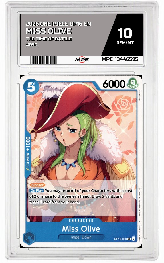 2026 ONE PIECE OP16 EN The Time of Battle #050 MISS OLIVE MPE 10 GEM/MT — graded card auctioned from the MPE vault