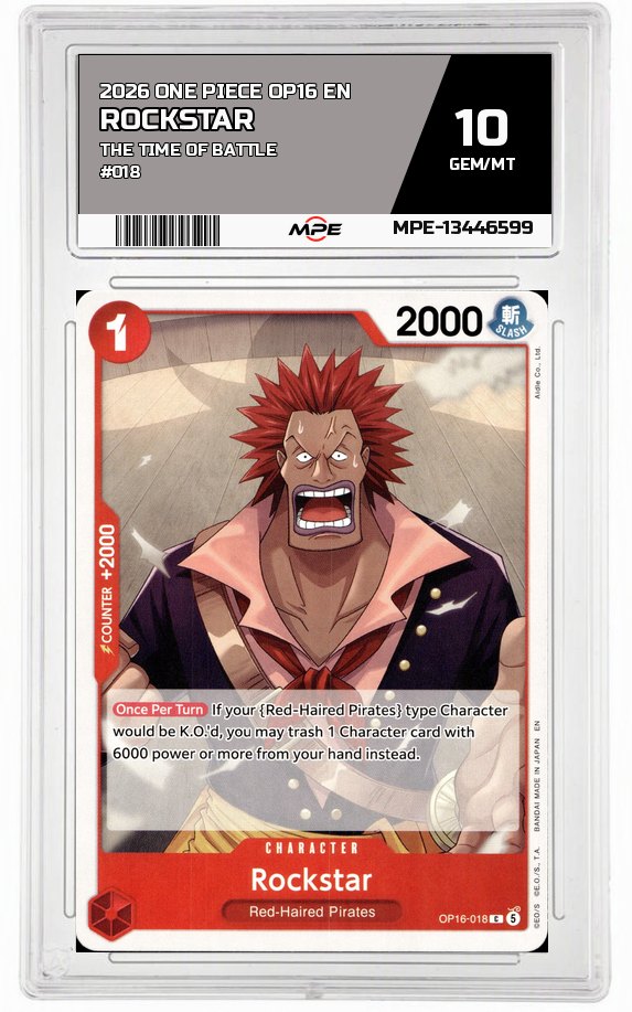 2026 ONE PIECE OP16 EN The Time of Battle #018 ROCKSTAR MPE 10 GEM/MT — graded card auctioned from the MPE vault