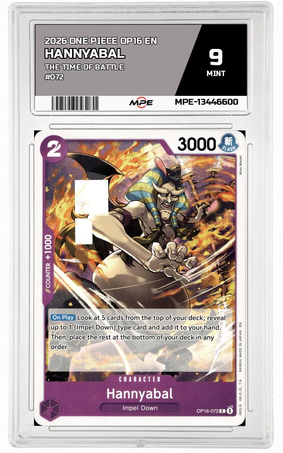 2026 ONE PIECE OP16 EN The Time of Battle #072 HANNYABAL MPE 9 MINT — graded card auctioned from the MPE vault