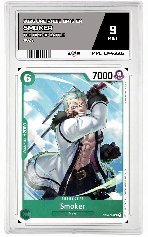 2026 ONE PIECE OP16 EN The Time of Battle #028 SMOKER MPE 9 MINT — graded card auctioned from the MPE vault