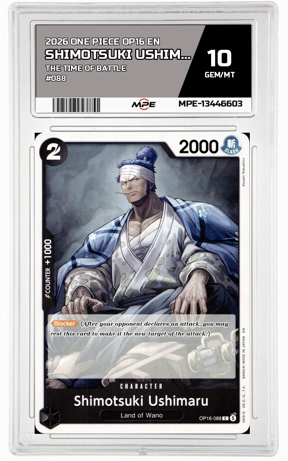 2026 ONE PIECE OP16 EN The Time of Battle #088 SHIMOTSUKI USHIMARU MPE 10 GEM/MT — graded card auctioned from the MPE vault