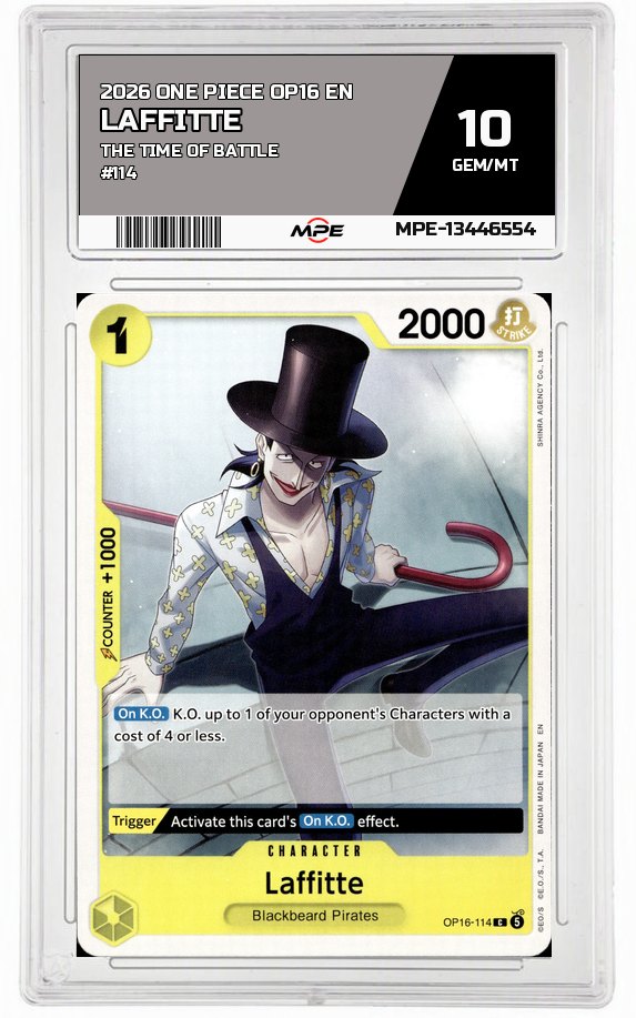 2026 ONE PIECE OP16 EN The Time of Battle #114 LAFFITTE MPE 10 GEM/MT — graded card auctioned from the MPE vault