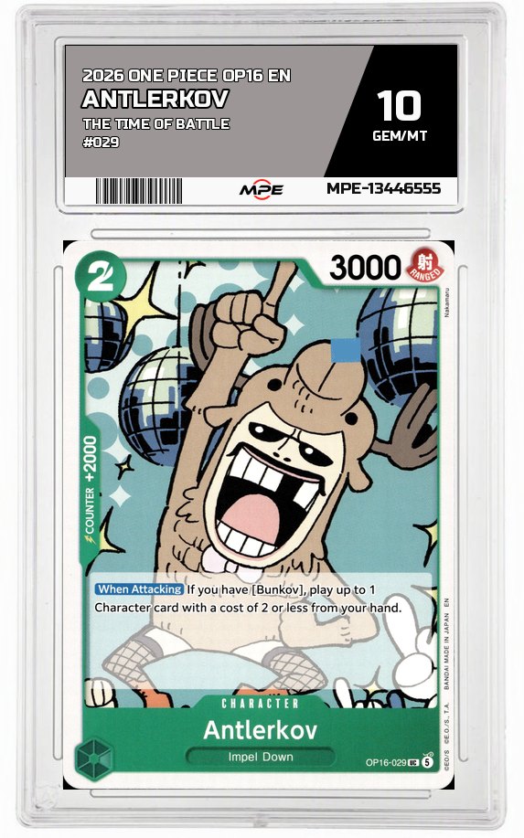 2026 ONE PIECE OP16 EN The Time of Battle #029 ANTLERKOV MPE 10 GEM/MT — graded card auctioned from the MPE vault