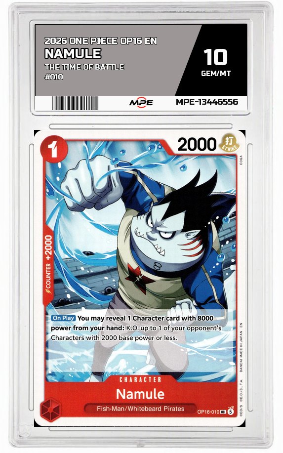 2026 ONE PIECE OP16 EN The Time of Battle #010 NAMULE MPE 10 GEM/MT — graded card auctioned from the MPE vault