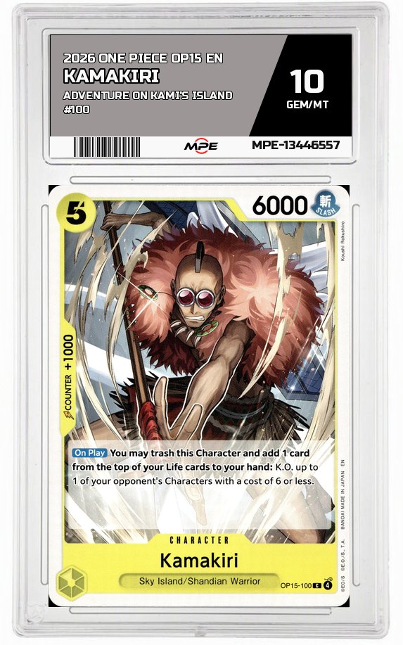 2026 ONE PIECE OP15 EN Adventure on Kami's Island #100 KAMAKIRI MPE 10 GEM/MT — graded card auctioned from the MPE vault