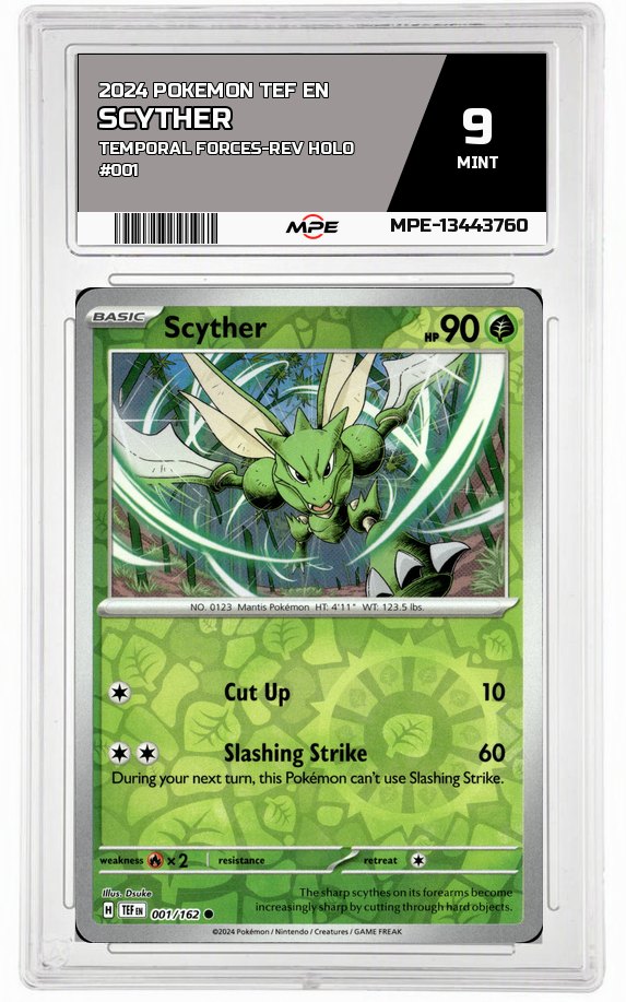 2024 POKEMON TEF EN Temporal Forces-REV HOLO #001 SCYTHER MPE 9 MINT — graded card auctioned from the MPE vault