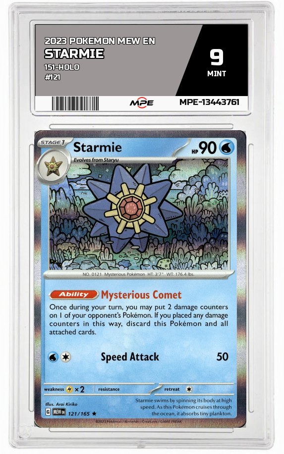 2023 POKEMON MEW EN 151-HOLO #121 STARMIE MPE 9 MINT — graded card auctioned from the MPE vault