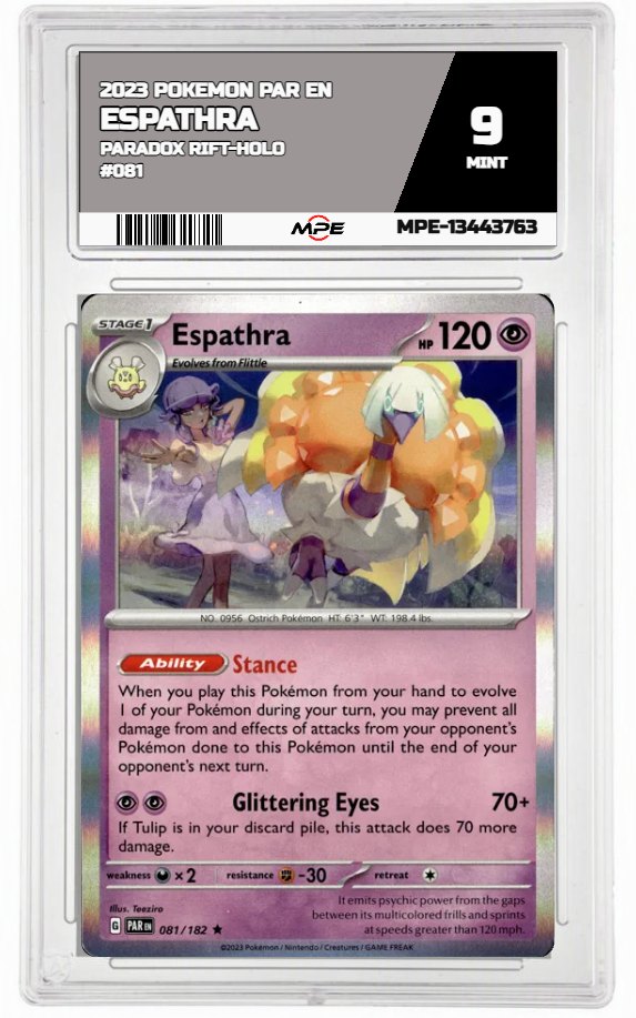 2023 POKEMON PAR EN Paradox Rift-HOLO #081 ESPATHRA MPE 9 MINT — graded card auctioned from the MPE vault