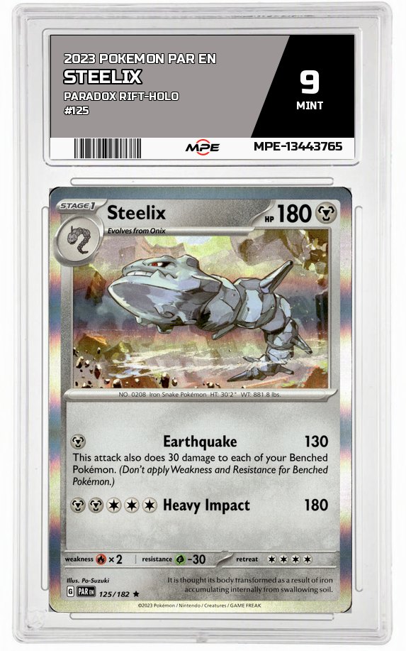 2023 POKEMON PAR EN Paradox Rift-HOLO #125 STEELIX MPE 9 MINT — graded card auctioned from the MPE vault