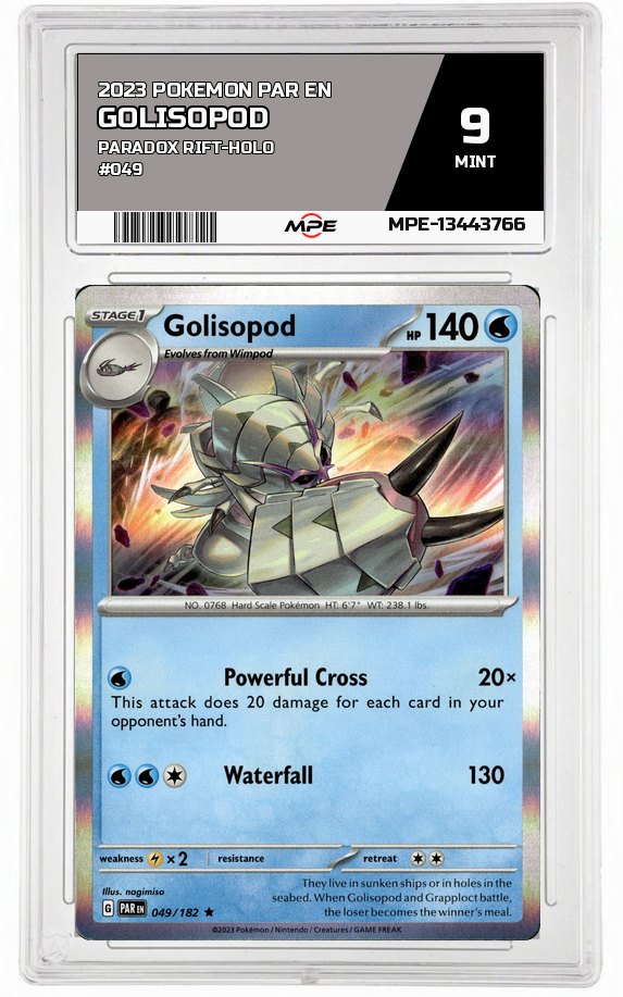 2023 POKEMON PAR EN Paradox Rift-HOLO #049 GOLISOPOD MPE 9 MINT — graded card auctioned from the MPE vault