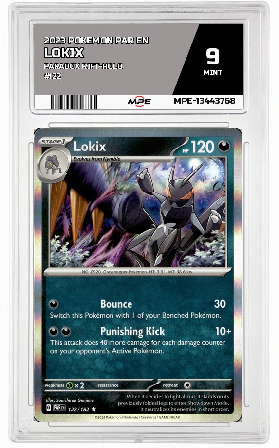 2023 POKEMON PAR EN Paradox Rift-HOLO #122 LOKIX MPE 9 MINT — graded card auctioned from the MPE vault