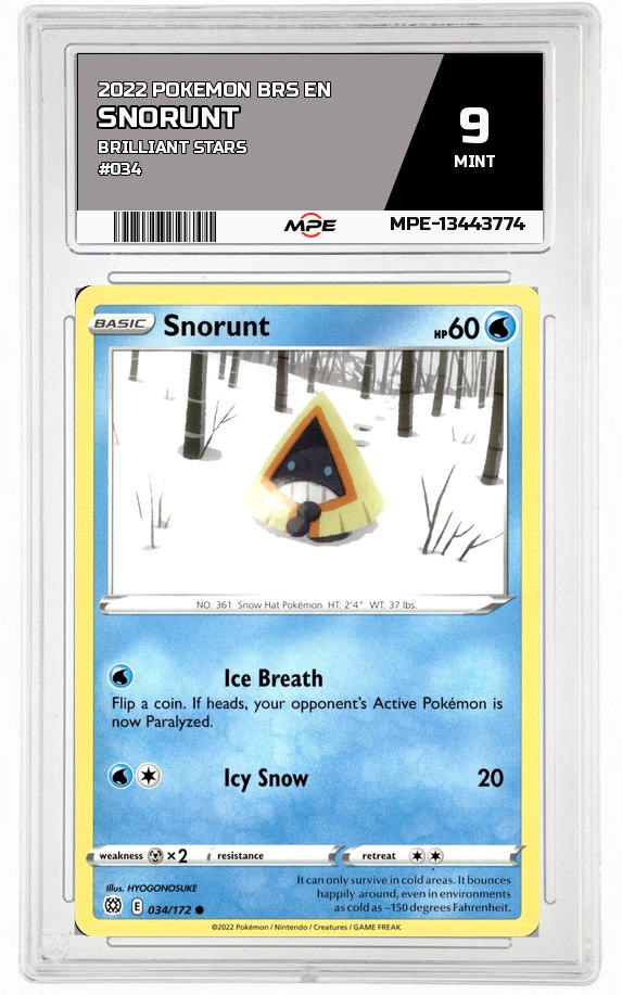 2022 POKEMON BRS EN Brilliant Stars #034 SNORUNT MPE 9 MINT — graded card auctioned from the MPE vault