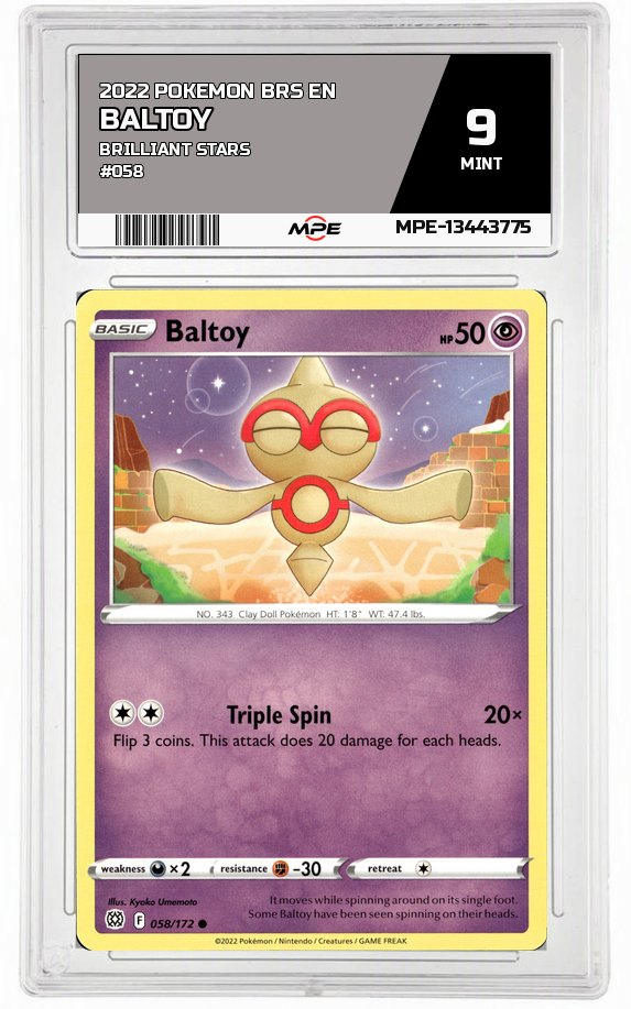 2022 POKEMON BRS EN Brilliant Stars #058 BALTOY MPE 9 MINT — graded card auctioned from the MPE vault
