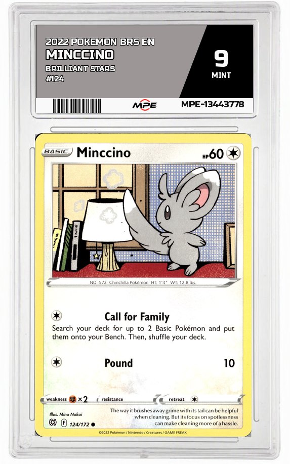 2022 POKEMON BRS EN Brilliant Stars #124 MINCCINO MPE 9 MINT — graded card auctioned from the MPE vault