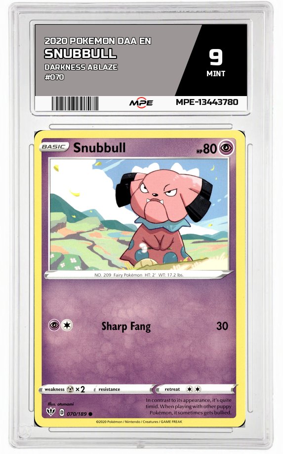 2020 POKEMON DAA EN Darkness Ablaze #070 SNUBBULL MPE 9 MINT — graded card auctioned from the MPE vault