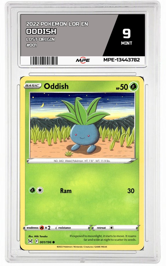 2022 POKEMON LOR EN Lost Origin #001 ODDISH MPE 9 MINT — graded card auctioned from the MPE vault