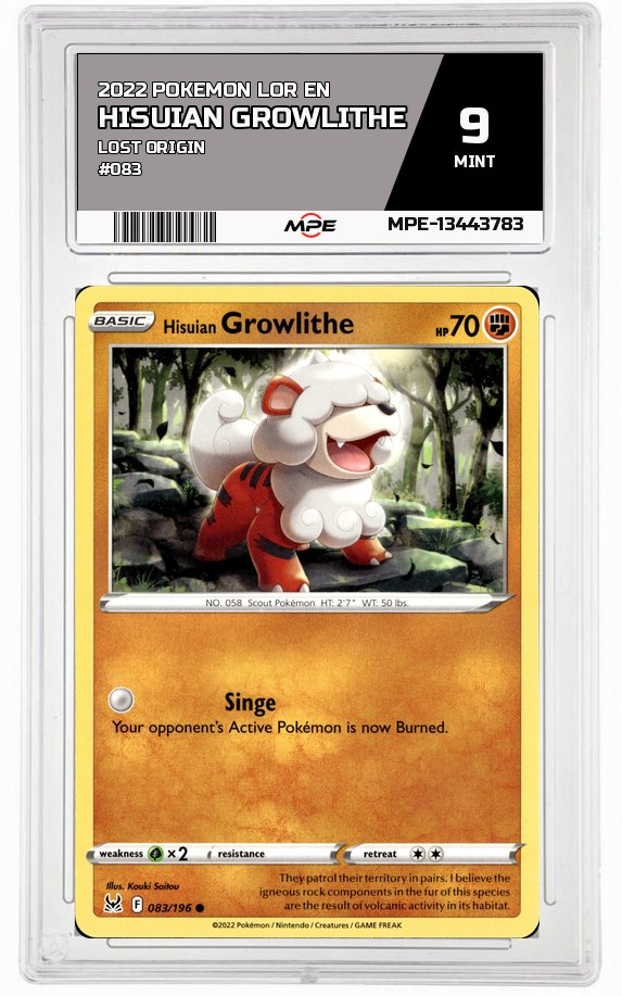 2022 POKEMON LOR EN Lost Origin #083 HISUIAN GROWLITHE MPE 9 MINT — graded card auctioned from the MPE vault