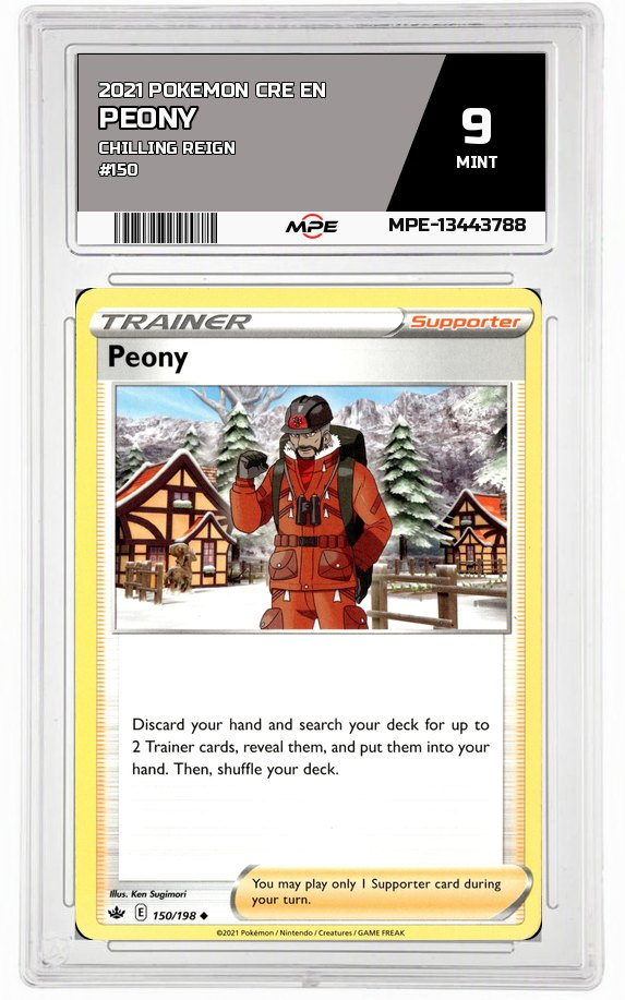 2021 POKEMON CRE EN Chilling Reign #150 PEONY MPE 9 MINT — graded card auctioned from the MPE vault