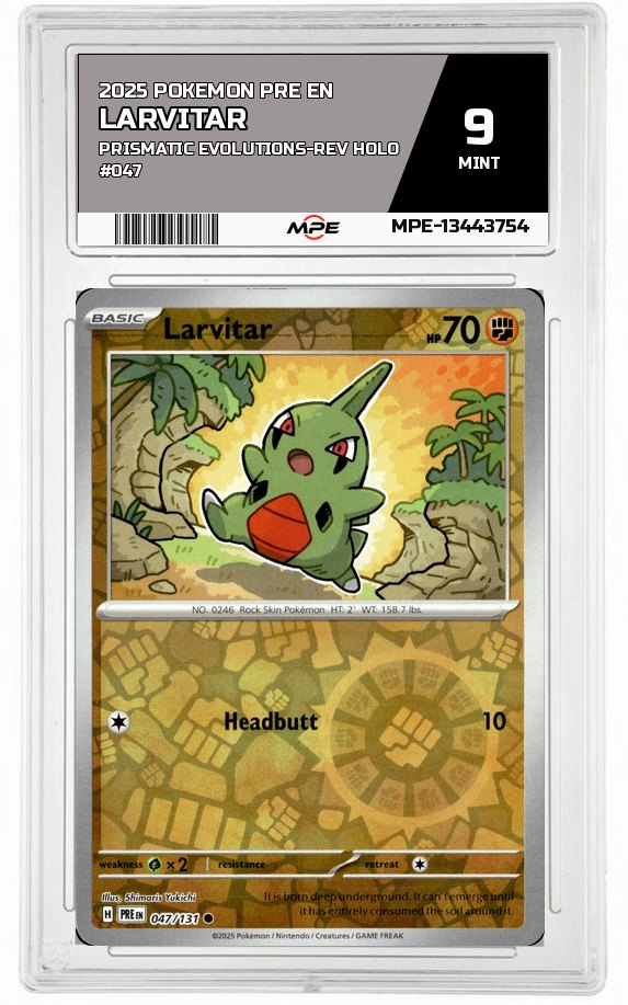 2025 POKEMON PRE EN Prismatic Evolutions-REV HOLO #047 LARVITAR MPE 9 MINT — graded card auctioned from the MPE vault