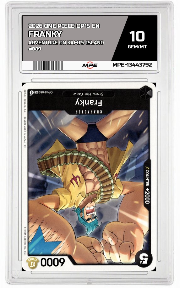 2026 ONE PIECE OP15 EN Adventure on Kami's Island #089 FRANKY MPE 10 GEM/MT — graded card auctioned from the MPE vault