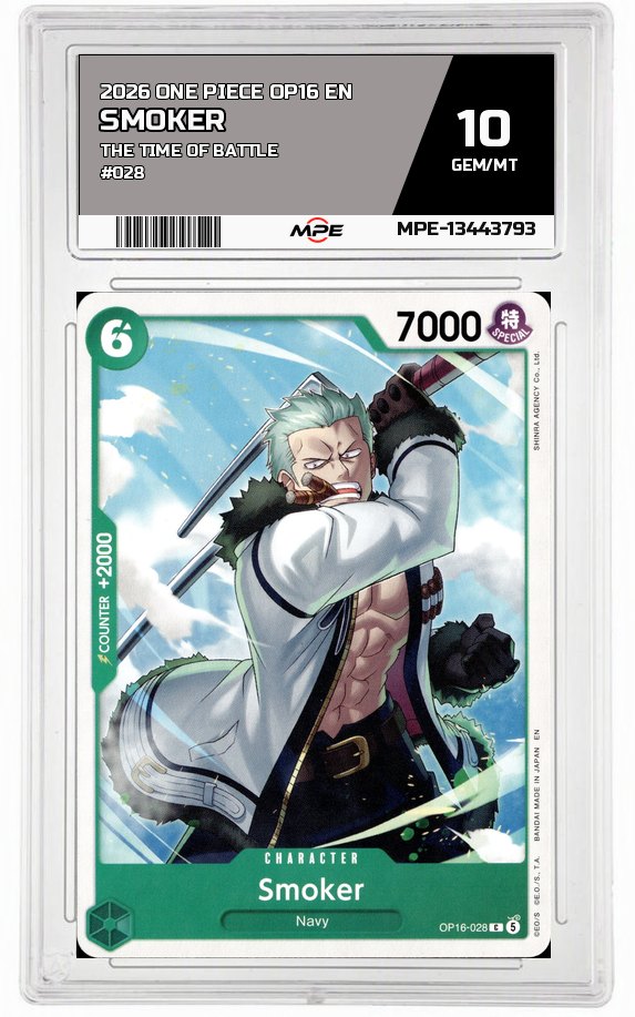 2026 ONE PIECE OP16 EN The Time of Battle #028 SMOKER MPE 10 GEM/MT — graded card auctioned from the MPE vault