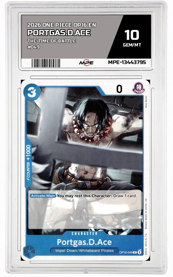 2026 ONE PIECE OP16 EN The Time of Battle #049 PORTGAS.D.ACE MPE 10 GEM/MT — graded card auctioned from the MPE vault
